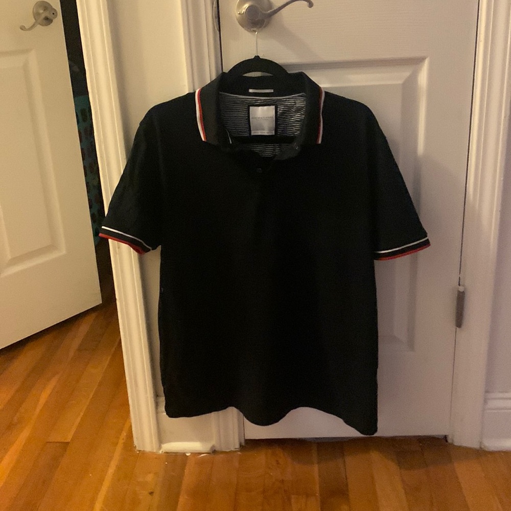Blue shirt with white and red stripes